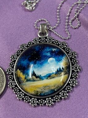 Silver Floral Frame Necklace with Blue Moonlit Landscape Pendant handmade new